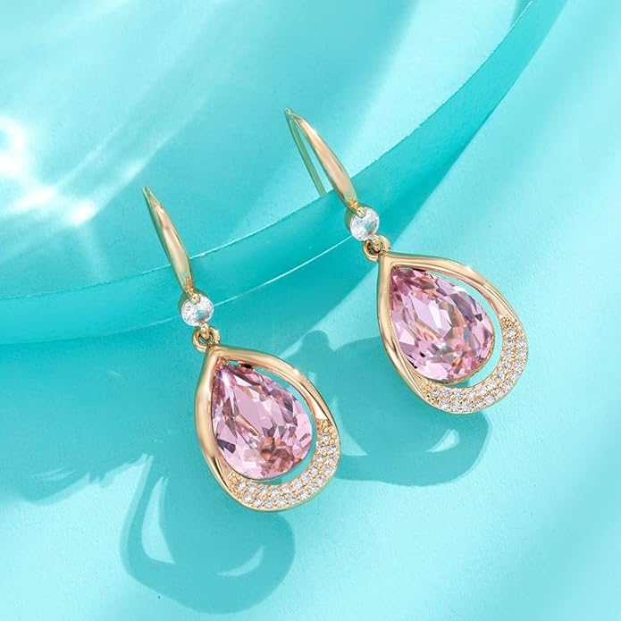 Austrian Crystal Halo Teardrop Hollow Drop Dangle Earrings for Women 14K Rose Gold Plated Hypoallergenic Jewelry Gifts