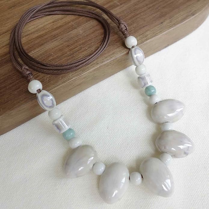 Boho Round Colorful Ceramic Beaded Necklace, Adjustable Hippie Statement Necklace, Handmade Ethnic Jewelry Gift for Women