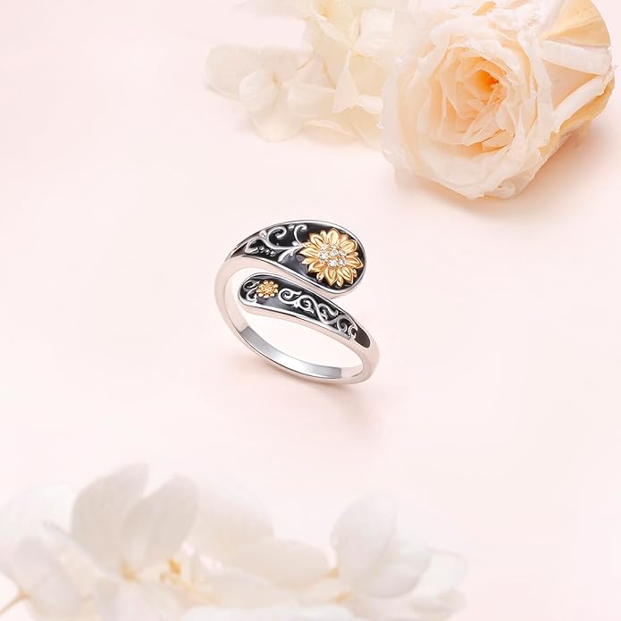 FLYOW Sterling Silver Sunflower Spoon Ring Victorian Style Boho Antique Flower Adjustable Open Ring Retro Statement Cubic Zirconial/Turquoise/Oxidized Thumb Rings for Women Birthday Christmas Jewelry