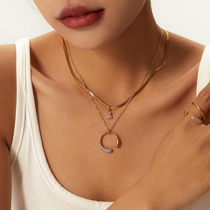 IBARA Women Gold Dianty Necklace Sun Crescent Moon Star Evil Eye Lock Lovely Heart Flower Butterfly Pearl Pendant Coin Necklaces 18K Gold CZ Diamond Filled Chain Boho Beach Simple Handmade Jewelry