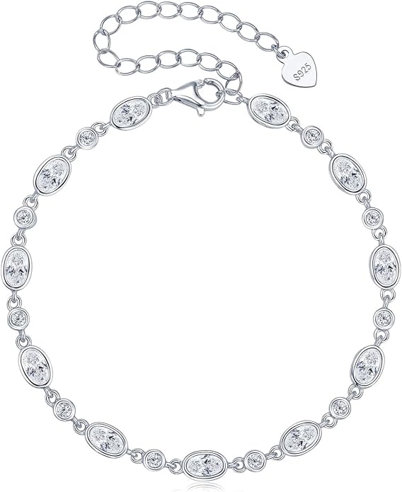 Oval Moissanite Link Bracelet for Women, 3.6cttw D Color VVS1 925 Sterling Silver Adjustable Oval Moissanite Bracelets for Mom Wife Birthday Jewelry Gifts