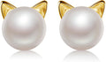 Wicary Cat Earrings Sterling Silver Pearl Earrings for Women Cat Stud Earring for Cat Lovers