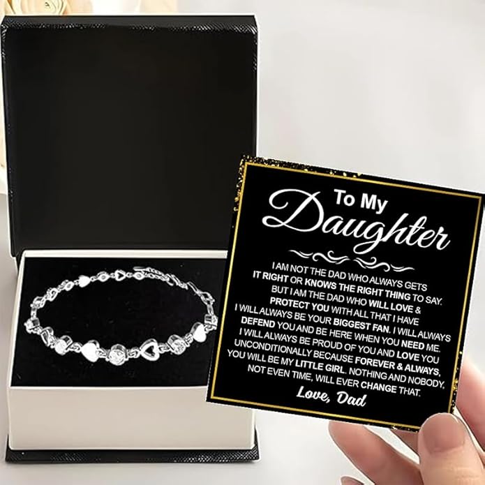 To My Daughter Bracelet, Silver Heart Chain Bracelet with Shiny Stones, Perfect Birthday or Graduation Christmas Gift for Daughter with Message Card Gift Box