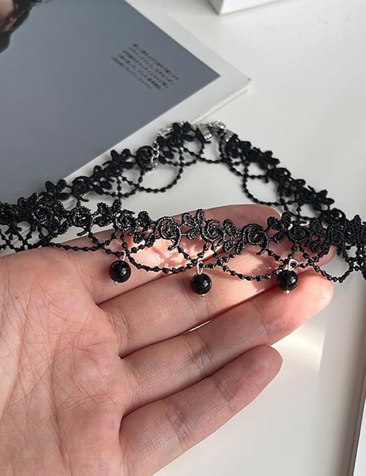 Choker Necklace for Women, Black Necklace Lace Choker for Women Lace Collar Choker with Beaded Pendant, 2.36" Adjustable Necklace Extender