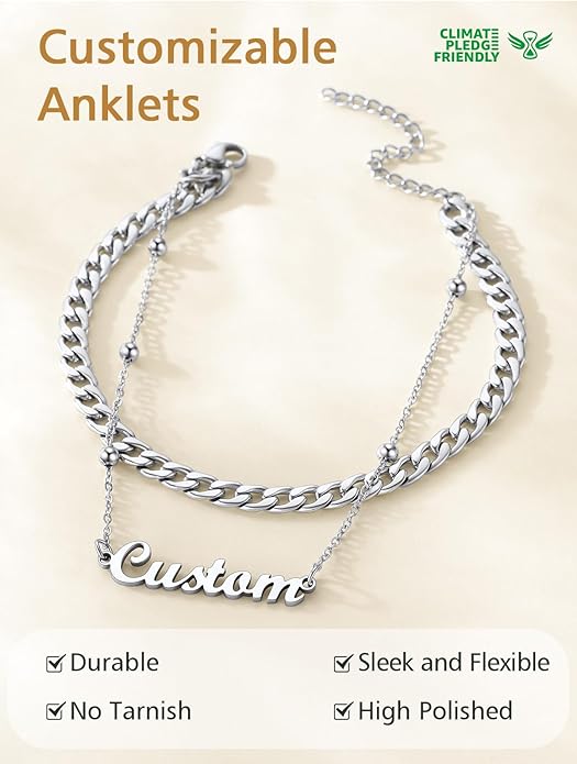 FindChic Custom Ankle Bracelets for Women, Stainless Steel Figaro/Cuban/Wheat/Rope/Herringbone Chain Anklets, Beach Foot Jewelry 8.5''-10.5'' Adjustable & Waterproof, with Gift Box