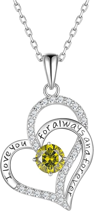 Birthday Gifts Double Heart Birthstone Necklace for Women, S925 Sterling Silver Pendant Necklace Jewelry for Her Mother Mom Wife Girlfriend