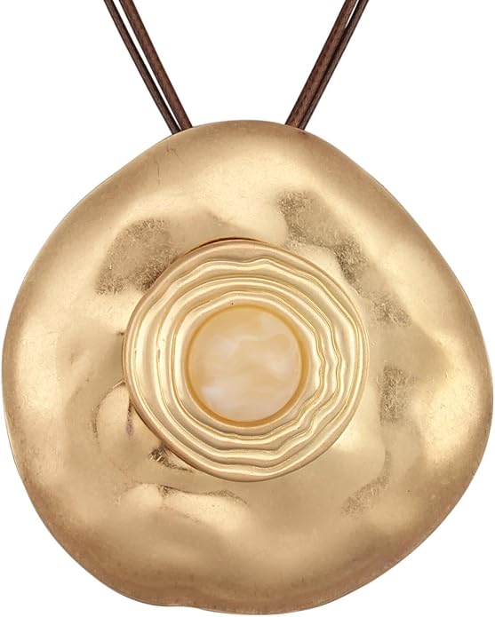 GelConnie Leather Necklace for Women Large Pendant Long Brown Necklace Circle Leather Choker Vintage Sweater Necklace Gold Chunky Boho Necklaces for Women
