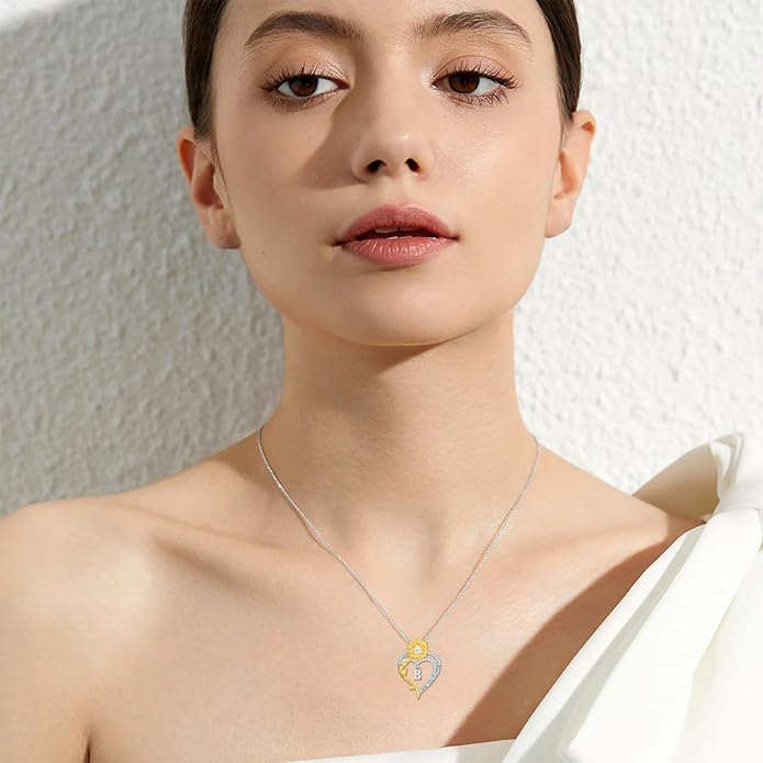 Initial Necklace 925 Sterling Silver Sunflower Heart Letter Pendant Alphabet Anniversary Birthday Jewelry Gifts for Women Mom Girlfriend Wife Her