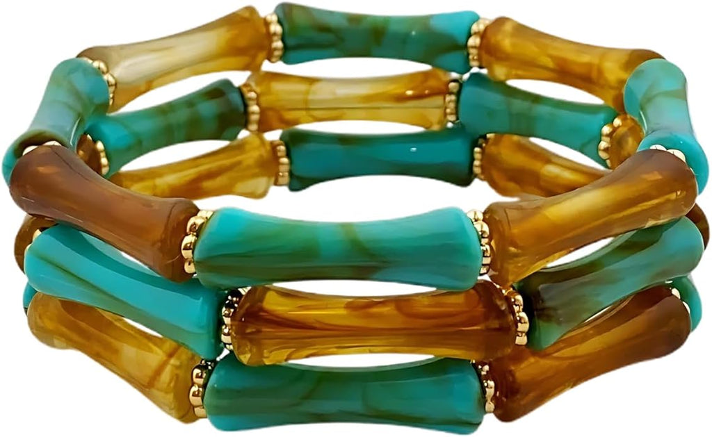 Tortoise Shell Bamboo Bangle Bracelet for Women – 3-Layer Acrylic Stretch Cuff with Faux Tortoiseshell Pattern – Retro Stackable Jewelry