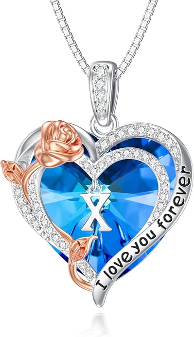 PELOVNY Rose Heart Initial Necklaces for Women S925 Sterling Silver Alphabet Letter Crystal Necklace Initial Pendant Jewelry Gifts for Mom Daughter Wife