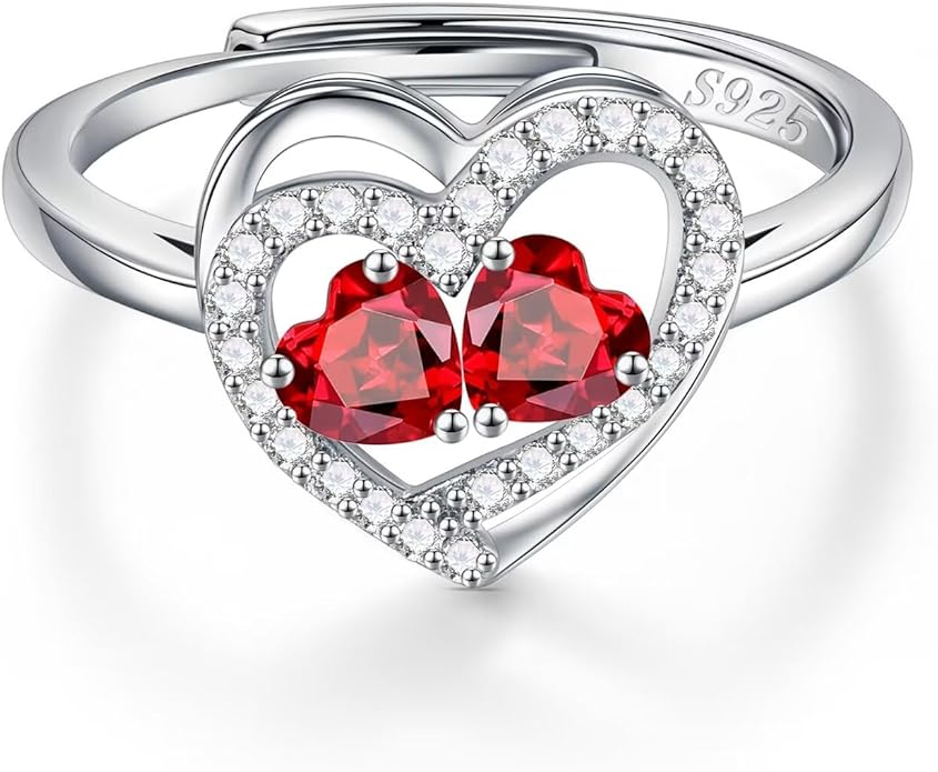 Iefil Adjustable Ring for Women - 925 Sterling Silver Double Birthstone Rings, Anniversary Birthday Gifts for Women Wife Her