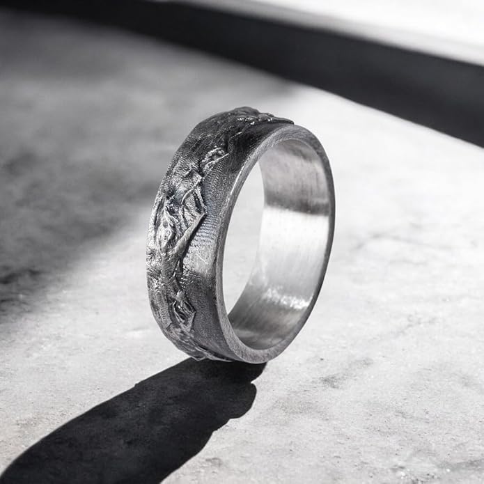 Mountain Range Band Ring For Men, 925 Sterling Silver Nature Inspired Vintage Mens Rings, Rustic Mens Wedding Band, Handmade Oxidized Silver Jewelry For Men, Unique Gifts for Him