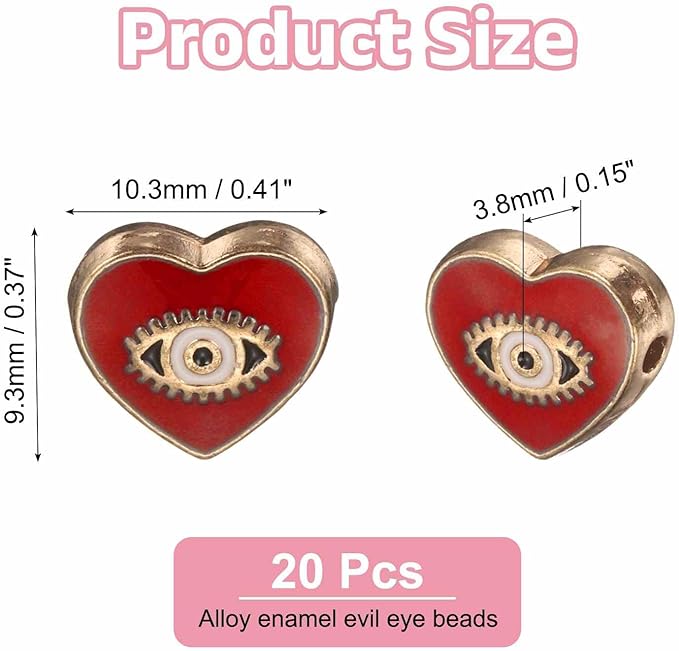 MECCANIXITY 20 Pcs Heart Evil Eye Beads Colorful Flat Loose Spacer Evil Eye Charms for DIY Bracelet Earrings Necklace Crafts Jewelry Making, Red