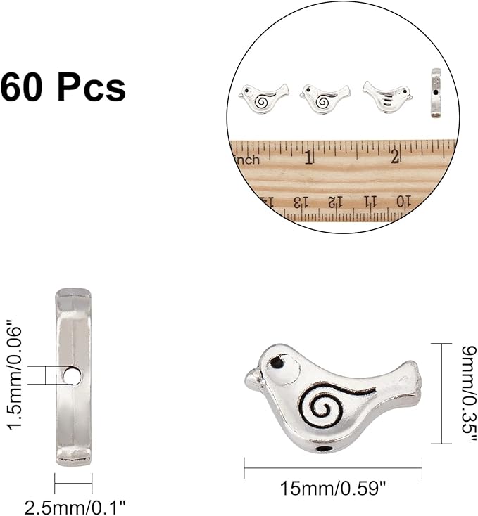 NBEADS 60 Pcs Bird Shape Loose Alloy Beads, Tibetan Style Metal Spacer & Animal Charm Beads With Container for Bracelet, Necklace, Earrings - Antique Silver