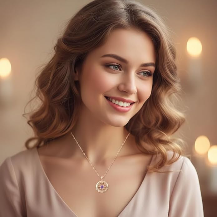 Compass Necklace for Women Wife Girlfriend Mom Daughter Gifts S925 Sterling Silver Jewelry For Anniversary Rose Gold Gifts For Birthday Christmas Mothers Valentines Day 12 Birthstones