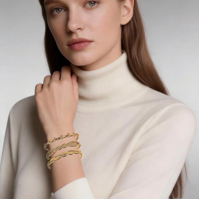 3PCS Gold Bangle Bracelet Set for Women, Bamboo Joint & Twisted Rope Design, Copper Inlaid with 3A Zircon, Stackable Trendy Jewelry, 2.4 Inch, Great Gift for Her Girlfriend Wife Mom Sister Lover on Birthday Christmas Valentine's Day Mother's Day