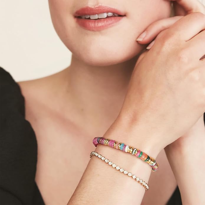 Beaded Bracelet for Women and Girl, Colorful Beach Boho Gems Bracelet 14K Gold Plated Stackable Handmade Bohemian Multicolor Natural Stone Bracelet