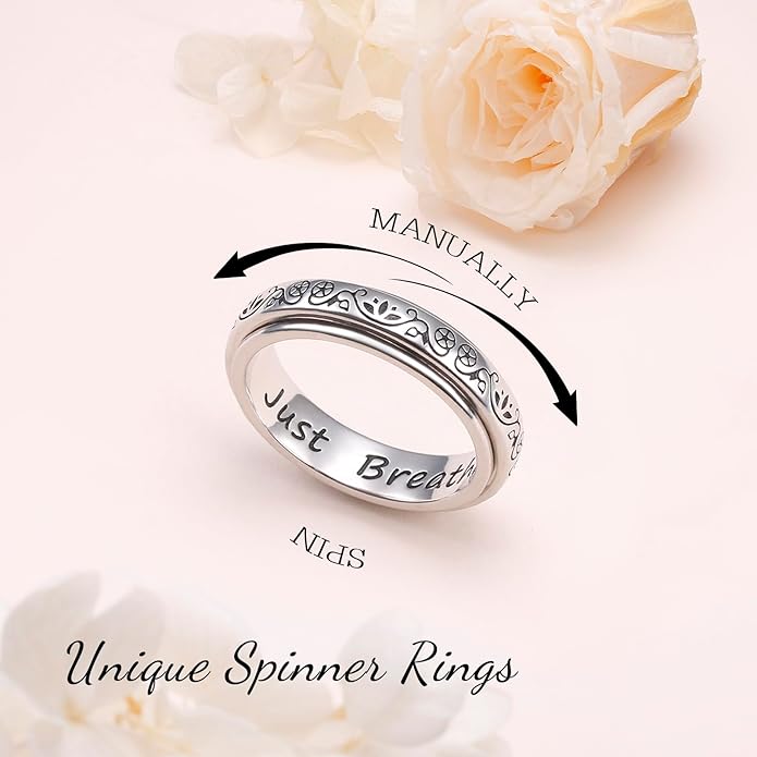 Ladytree Anxiety Relieve Rings 925 Sterling Silver Spinner Fidget Ring Worry Stress Relieving Boredom ADHD Autism Ring Platinum Plated Jewelry Birthday Gifts for Women Men