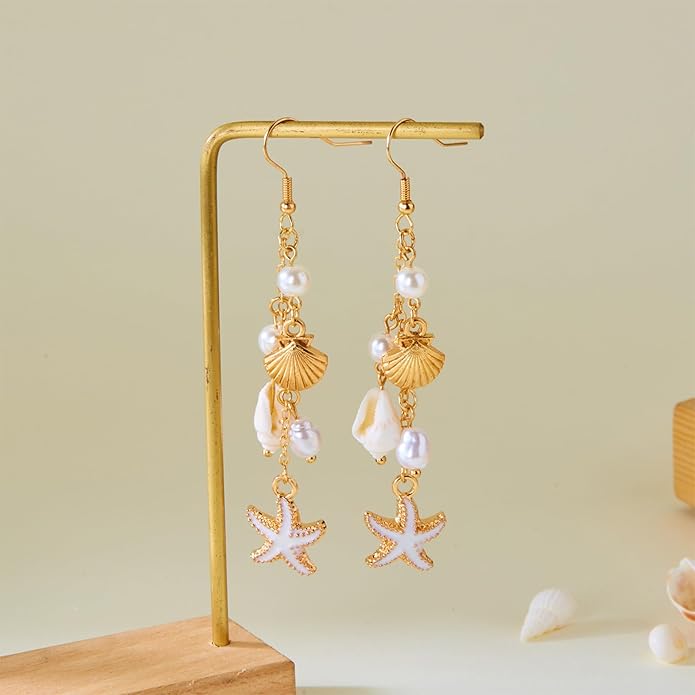 Gold Starfish Shell Earrings for Women with Pearl Beach Seashell Earrings Dangle Summer Vacation Earring for Women Beach Jewelry