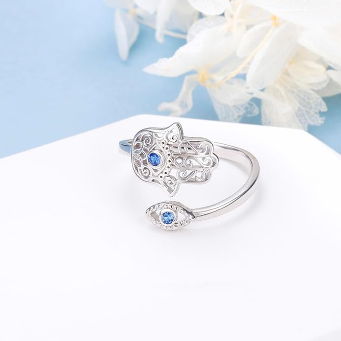 Hamsa Hand of Fatima Lotus Evil Eye/Love Heart/Butterfly/Rose Spoon Adjustable Open Rings 925 Sterling Silver Statement Ring Jewelry Gifts for Women