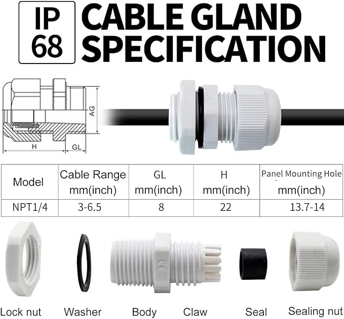 25-Pack 1/4" NPT Cable Glands, IP68 Waterproof Nylon PA66 Strain Relief Cord - Image 2