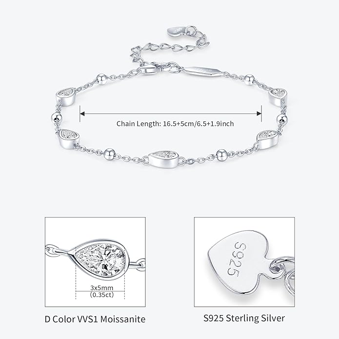 Pear Moissanite Link Bracelet, 1.75cttw D Color VVS1 925 Sterling Silver Adjustable 5-Stone Pear Bracelets for Women Mom Wife Birthday Jewelry Gifts
