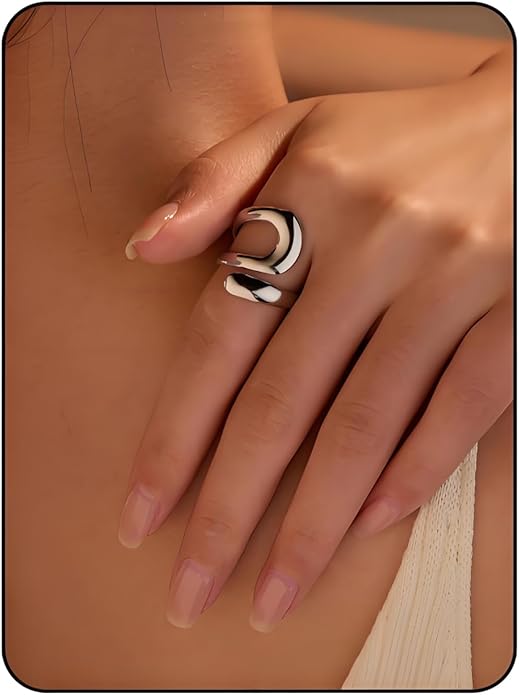 Chunky Rings For Women, Gold Silver Thumb Ring Asymmetrical Wavy Curve Ring Adjustable Non Tarnish Dainty Stainless Steel New Year Anniversary Birthday Jewelry Gift