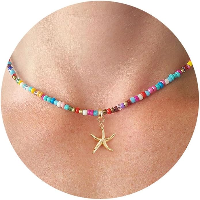 VRIUA Colorful Beaded Necklaces for Women – Summer Beach Boho Starfish, Conch, Shell, Pearl, Palm tree Pendant Necklace Jewelry