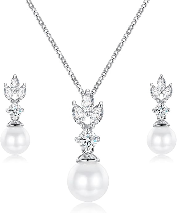 Wedding Jewelry for Bride Bridesmaid, Pearl Dangle Earrings and Pendant Necklace Set Bridal Jewelry for Promise Wedding Party