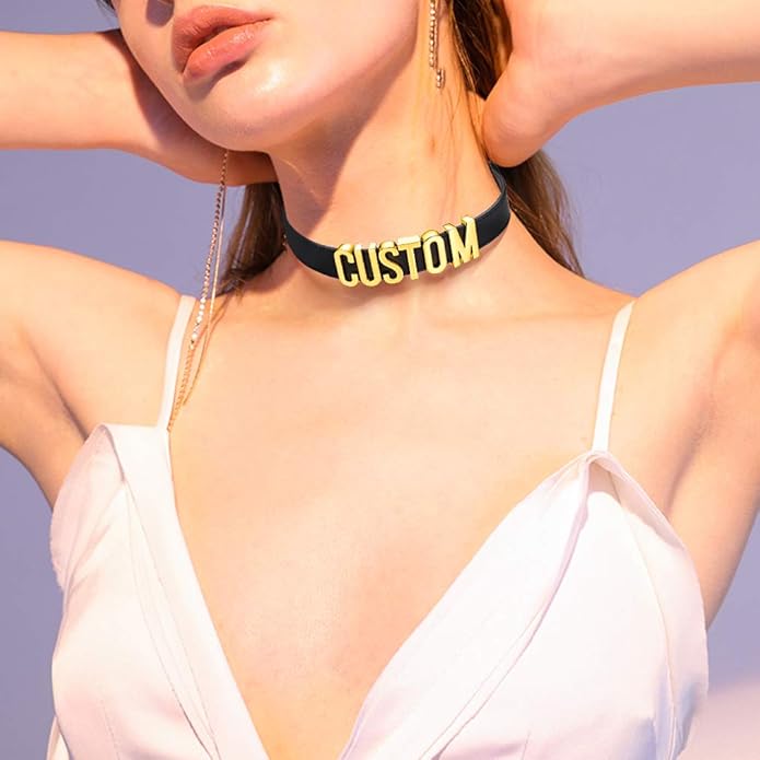 Custom4U Personalized Black Leather Choker Necklace with Picture/Name/Initials/Letters Charm,Custom Made Adjustable Choker Collar Gothic Punk Necklaces Jewelry Gifts for Women