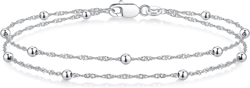 IEFWELL S925 Sterling Silver Bracelet for Women - 1.5mm Singapore Chain Bracelet, Dainty Double Strand Satellite Bead Bracelets, 6.5/7/7.5/8/8.5/9 Inches Jewelry Gifts for Women Her
