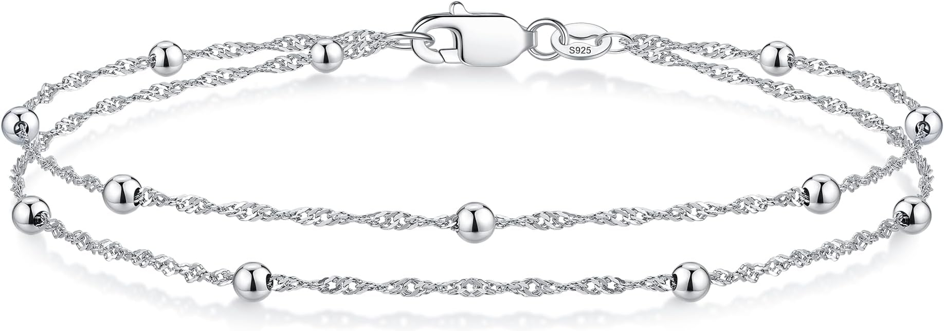 IEFWELL S925 Sterling Silver Bracelet for Women - 1.5mm Singapore Chain Bracelet, Dainty Double Strand Satellite Bead Bracelets, 6.5/7/7.5/8/8.5/9 Inches Jewelry Gifts for Women Her