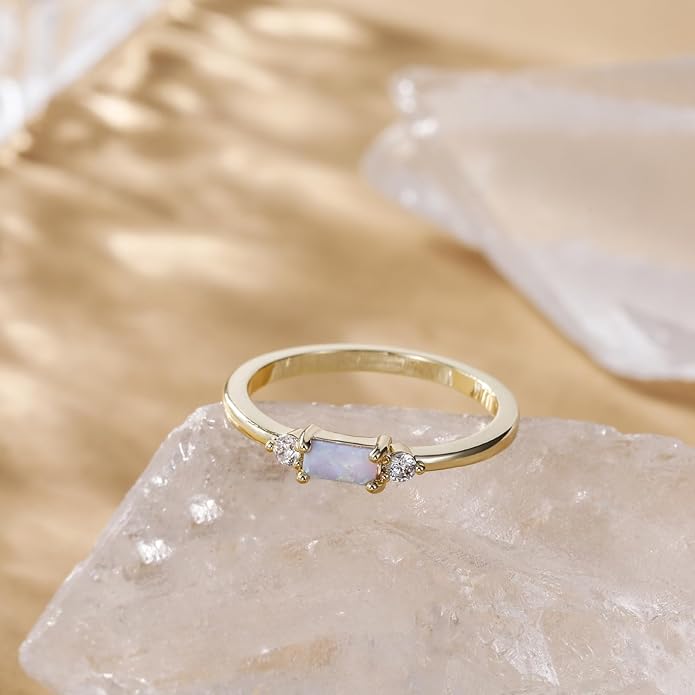 SHINYSO 14K Gold Plated Wedding Bands for Women Baguette Opal Ring Cubic Zirconia CZ Pave Thin Stackable Anniversary Rings for Her Size 4-10
