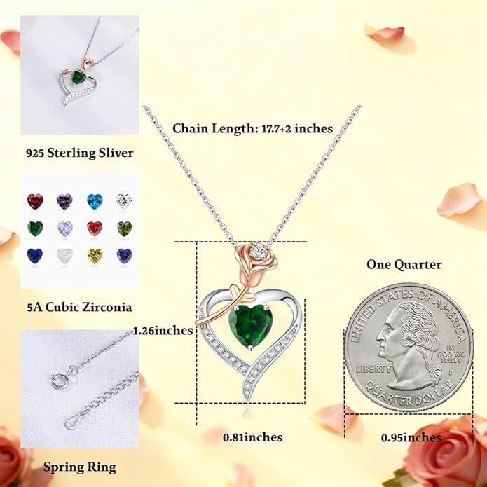immobird Rose Gold Heart Necklace Birthstone Jewelry Sterling Silver Jewelry Plated White Gold Valentine's Day Gift Women for Wife Mom Necklace for Women