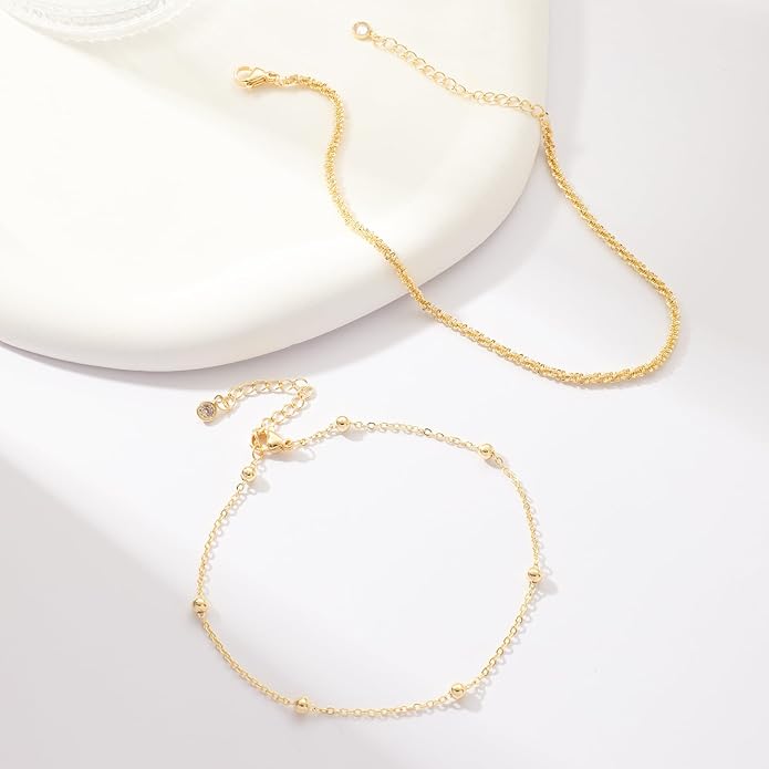 MIDEEO Gold/Silver Ankle Bracelets for Women,14K Gold Anklets for Women Waterproof Cuban Link Heart Beads Herringbone Rhinestone Anklets Set Layered Anklet Bracelets for Women Gold Jewelry Gift