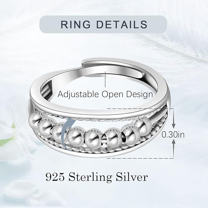 Vito 925 Sterling Silver Fidget Anxiety Ring for Women, Adjustable Open Spinner Ring Stress Relief Ring Stacking Band Anillos Jewelry Gift for Mom Daughter