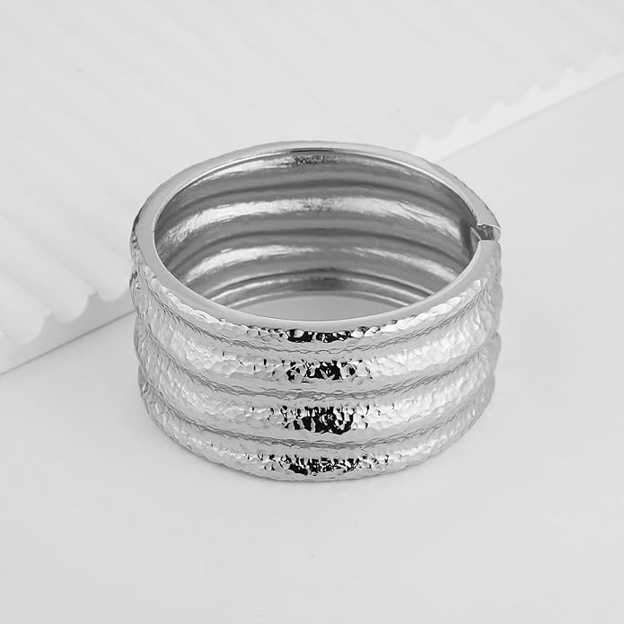 HZMAN 18K Gold Plated Wide Cuff Bracelet for Women - Premium Alloy Shiny Polished Double Layer Statement Bangle, Trendy Daily Wear Party Jewelry Accessory
