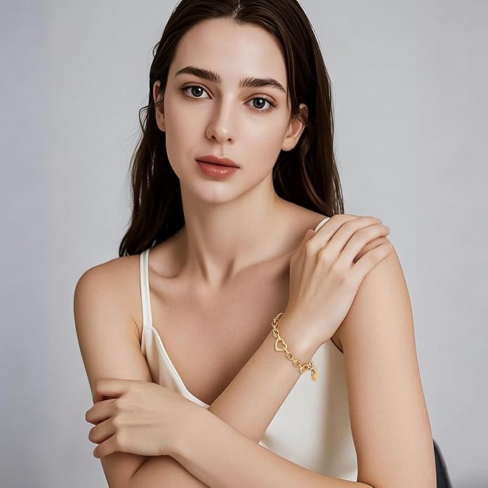 Emibele Heart Charm Bracelet for Women, Bible Verse Bracelet Stainless Steel 18K Gold Plated Bracelet Love Pendant Link Chain OT Clasp, Birthday Christmas Jewelry Gift for Mother Her