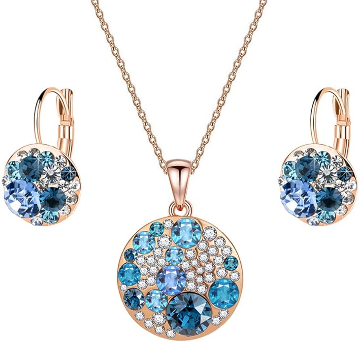 EVEVIC Austrian Crystals Round Disc Pendant Necklace Earrings for Women 14K Gold Plated Hypoallergenic Jewelry Sets