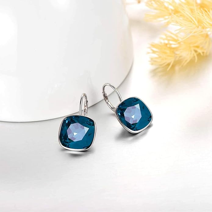 AOBOCO Sterling Silver Leverback Earrings Embellished with Crystals from Austria, Hypoallergenic Cushion Cut Square Crystal Earrings, Fine Anniversary Birthday Jewelry Gifts for Women