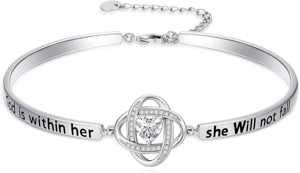 Valentines Day Gifts for Her, 18k White Gold Plated Love Knot Bracelets, Engraved Inspirational and Sentiment Bangle, Anniversary Birthday Jewelry Gift for Lover Wife Girlfriend Sister Friends