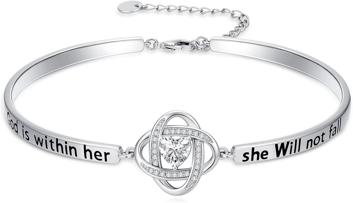 Valentines Day Gifts for Her, 18k White Gold Plated Love Knot Bracelets, Engraved Inspirational and Sentiment Bangle, Anniversary Birthday Jewelry Gift for Lover Wife Girlfriend Sister Friends