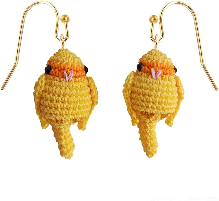 Hand-crocheted yellow and blue parrot earrings, miniature crocheted artistic cute playful parrot gifts accessories