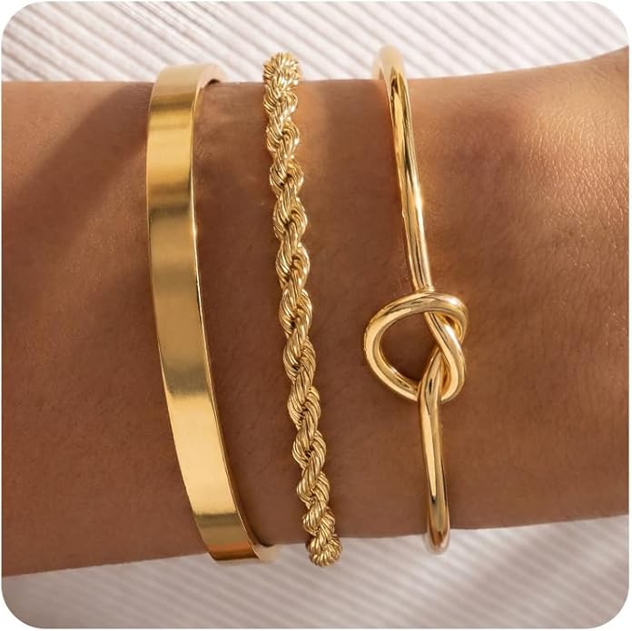 Gold Bangle Bracelets for Women, Non Tarnish Dainty 14K Gold Plated Cuff Bracelets Stackable for Women,Waterproof Bracelet Stack Gold Jewelry Gifts Trendy Adjustable Accessories