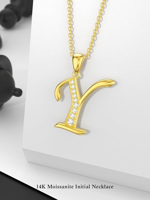 14k Gold Initial Necklace for Women, Solid Gold Moissanite Letter Pendant Necklaces Jewelry for Her Birthday Valentines Day Gifts for Mom Wife Christmas Gifts for Girlfriend Sister