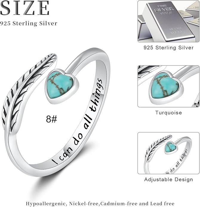 Turquoise/Moss Agate/Moonstone/Black Onyx/Lapis Lazuli/Labradorite/Tiger Eye Feather Ring 925 Sterling Silver Adjustable Ring Western Thumb Rings Vintage Jewelry Gifts for Women
