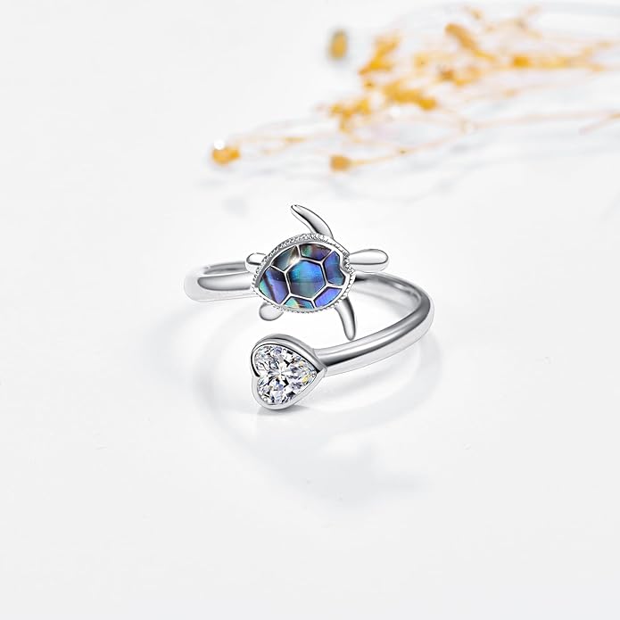 KINGWHYTE Sea Turtle Rings for Women 925 Sterling Silver Ring Adjustable Abalone Shell Open Ring with Heart Zircon Turtle Jewelry Birthday Christmas Gifts