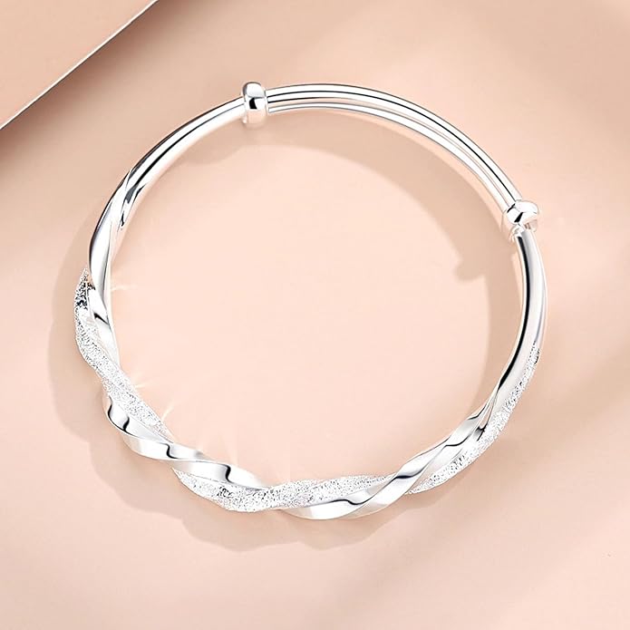 Solid 925 Sterling Silver Bracelets for Women Simple Adjustable Bangle Bracelet