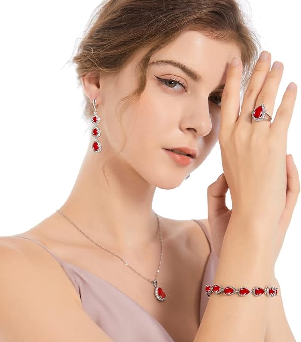 LMXXVJ Necklace Long Earrings Bracelet Set, White Gold Plated Created Blue Sapphire Jewelry Set Wedding Party Gift Jewelry for Women Bridal Bridesmaid