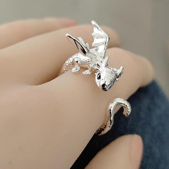 PINK TOWN Dragon Ring for Women - Cute Kawaii Gold and Silver Adjustable Dinosaur Ring - Flying Dragon Animal Shape - Friendship Birthday Party Christmas and Other Jewelry
